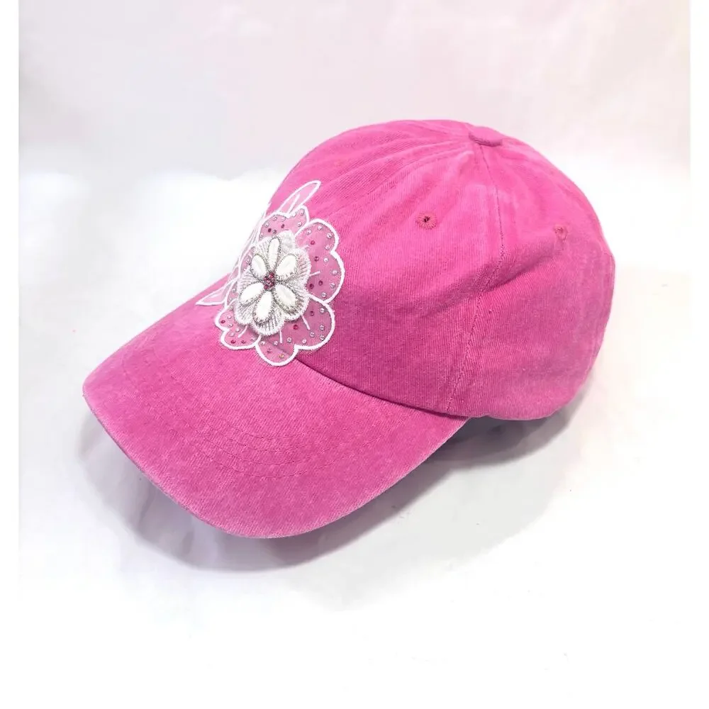 Handmade Shiny Rhinestone Bling Floral accent Pink Streetwear Baseball Cap Hat - Picture 6 of 9